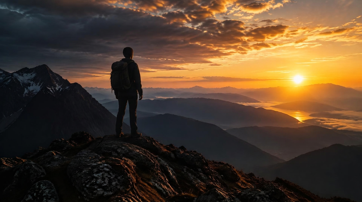 A hiker standing on a mountain summit at sunrise